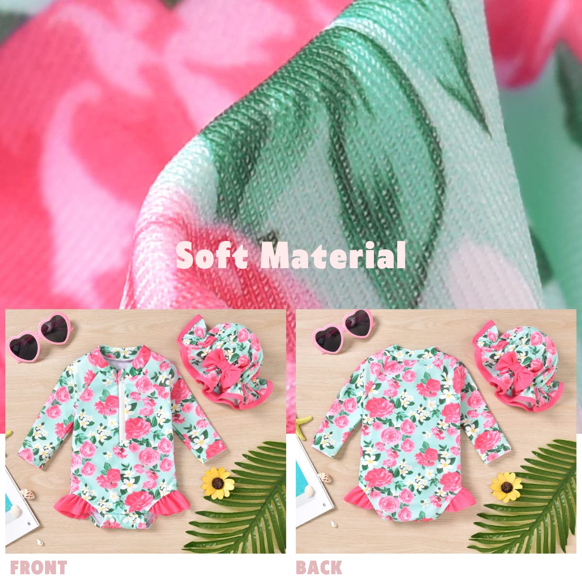 Toddler Baby Girls One Piece Long Sleeve Swimsuit Floral Bathing Suit Zip Up Swimwear Beach Wear 12-18 Months Flower