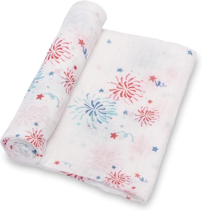 LollyBanks Swaddle Blanket 100% Cotton, Muslin Swaddle Blankets Lightweight, Soft Baby Swaddle Blanket 47 x 47 inches, Baby Essentials, Registry and Gift (Fireworks Print)