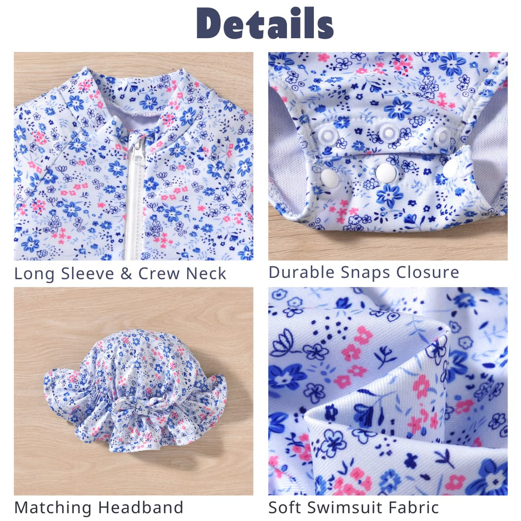 Newborn Infant Baby Girls One Piece Long Sleeve Swimsuit Floral Bathing Suit Zip Up Swimwear Beach Wear NB Blue Flower
