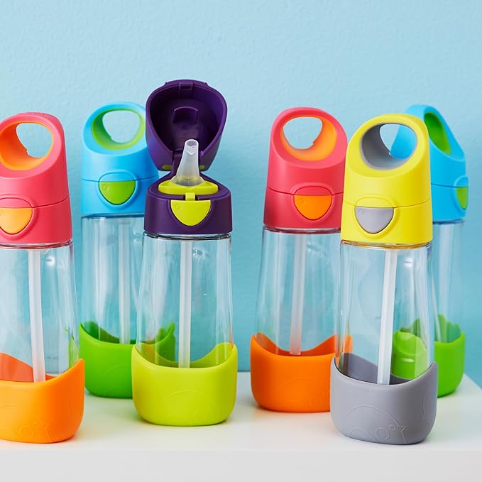 b.box Kids Water Bottle – 20oz Tritan Toddler Drink Bottle with Straw for School, Daycare, Travel w/Easy-Grip Triangular Design, Leak Proof Lid & Handle, BPA Free, Dishwasher Safe (Passion Splash)