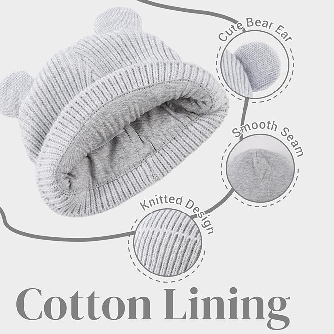 Bear Baby Beanie Knitted Baby Winter Hat Infant Toddler Boys Girls Beanie with Cotton Lining