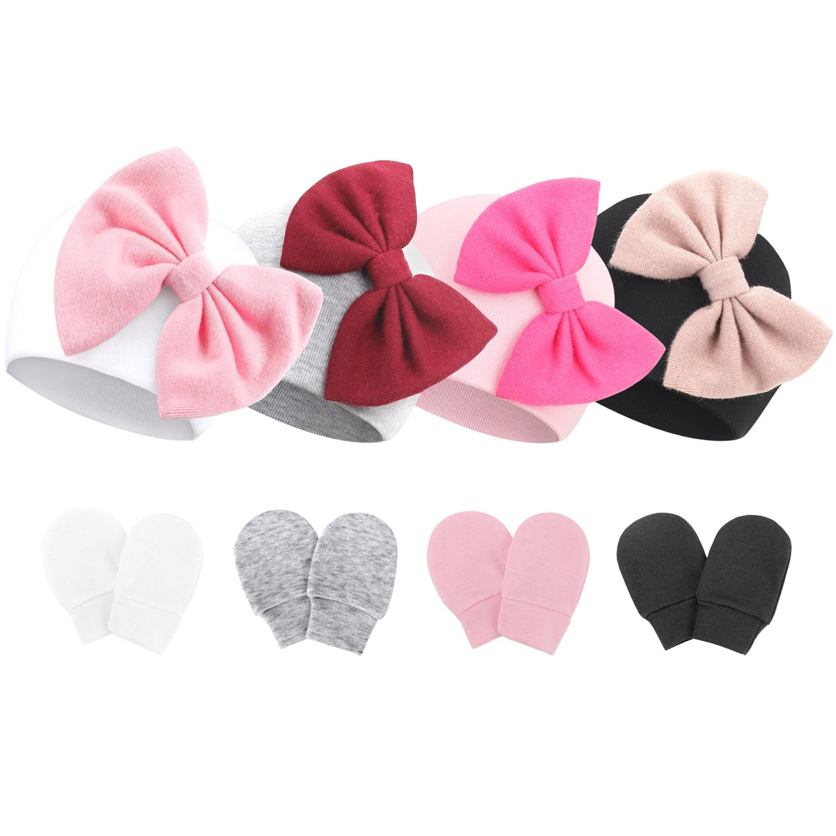 BQUBO Newborn Baby Hats Mittens Set Hospital Hat Beanie Infant Bow Hats Baby Cotton Gloves No Scratch Mittens for 0-6 Months
