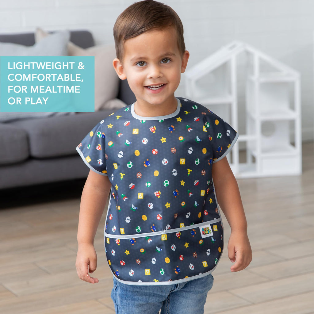 Bumkins Short Sleeve Bib for Girl or Boy, Toddler and Kids for 1-3 Years, Large Size, Essential Must Have for Junior Children, Eating, Mess Saving Soft Fabric Apron for Play, Nintendo Super Mario