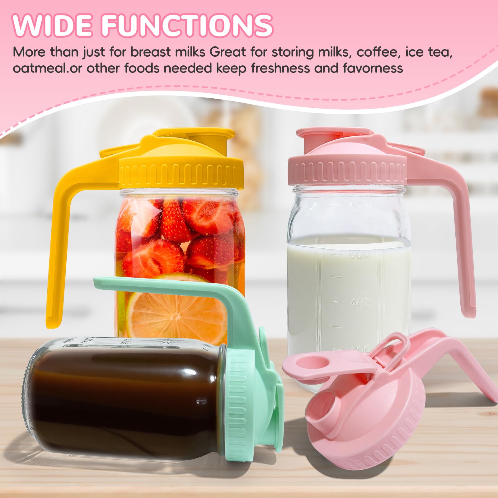 2 PACK Breast Milk Pitcher 32OZ Glass Breastmilk Pitcher with Lids(Pink)