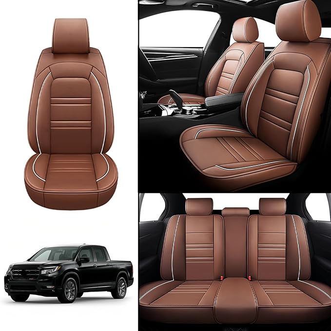 Seat Covers for Honda Ridgeline 2006-2025 | 5-Seats Leather Seat Covers, Easy to Install Automotive Seat Covers Full Set (Full Set, Coffee)