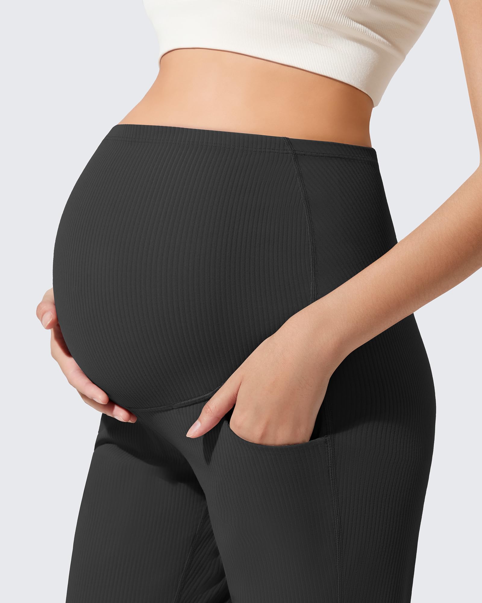 G4Free Maternity Pants for Women with Pockets Over The Belly Stretchy Trousers Casual Yoga Pregnancy Bell Bottom Leggings(Black,M,Regular)