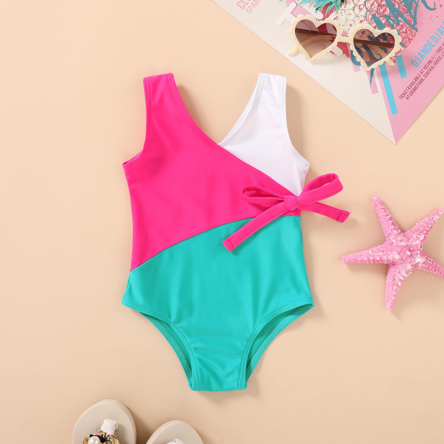 Happy Town Toddler Swimsuit Girl One Piece Bathing Suit Color Block Swimwear Baby Summer Beach Wear(6-7 Years,White Pink Blue)