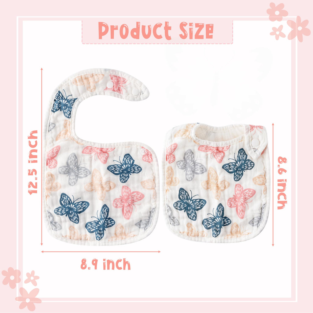 Zainpe 6Pcs Snap Muslin Cotton Baby Bibs Spring Butterflies Flowers Bib with 6 Absorbent Soft Layers Adjustable Burp Cloths for Infant Girl Boy Toddler Drooling Eating Teething Feeding 0 to 24 Months