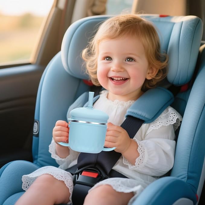 BUSOHA Stainless Steel Sippy Cups - 3 IN 1 Silicone Sippy Cup for Toddlers Baby Straw Cup with Brush Kids Cups with Lid and Silicon Straw Anti-Drop Spill Proof Cups for Travel,8 oz, Blue