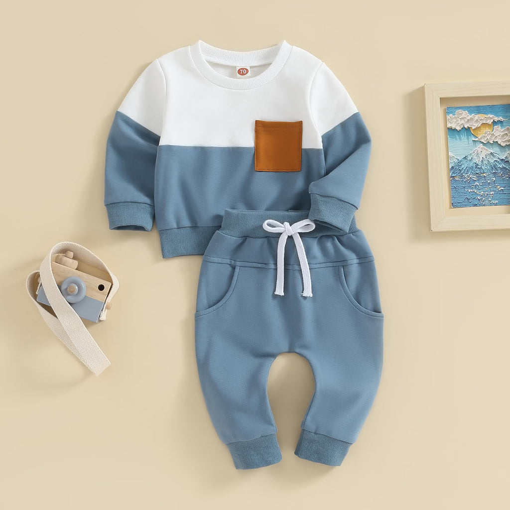 Lucikamy Toddler Baby Boy Fall Outfits Long Sleeve Crew Neck Pullover Sweatshirt + Jogger Pants Set Infant Winter Clothes (Blue Patchwork, 18-24 Months)