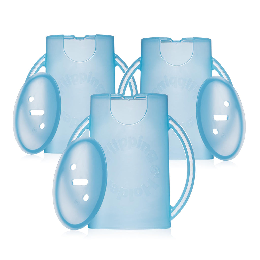 Flipping Holder Squeeze Proof Food Pouch Holder for Toddlers, Babies, Kids, Mess Free No Squeeze Juice Box Drink Holder with Easy Grip Handles and Lid - Made in USA (Blue 3 Pack)