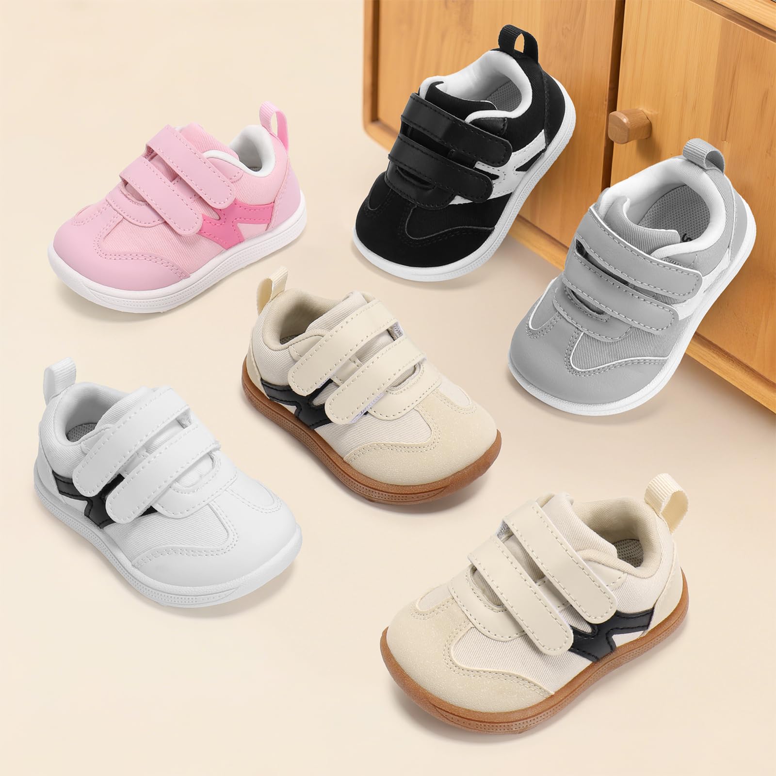 STQ KIDS Baby Wide Toe Box Shoes Lightweight First Walker Sneakers Beige 4
