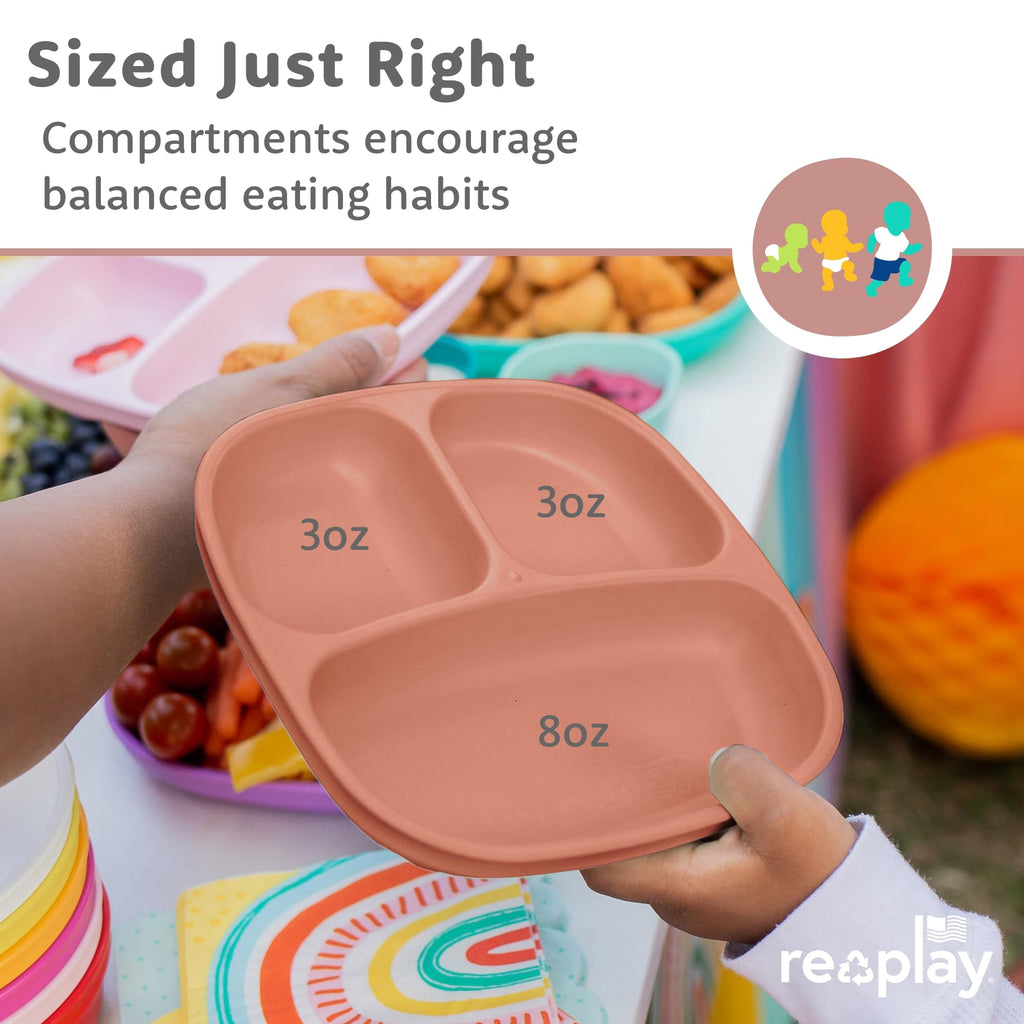 Re-Play Divided Toddler Plates Set of 3 - Deep-Walled 3 Compartment Kids Plates for Picky Eaters - Dishwasher & Microwave Safe - BPA-Free - Made in USA, Berry