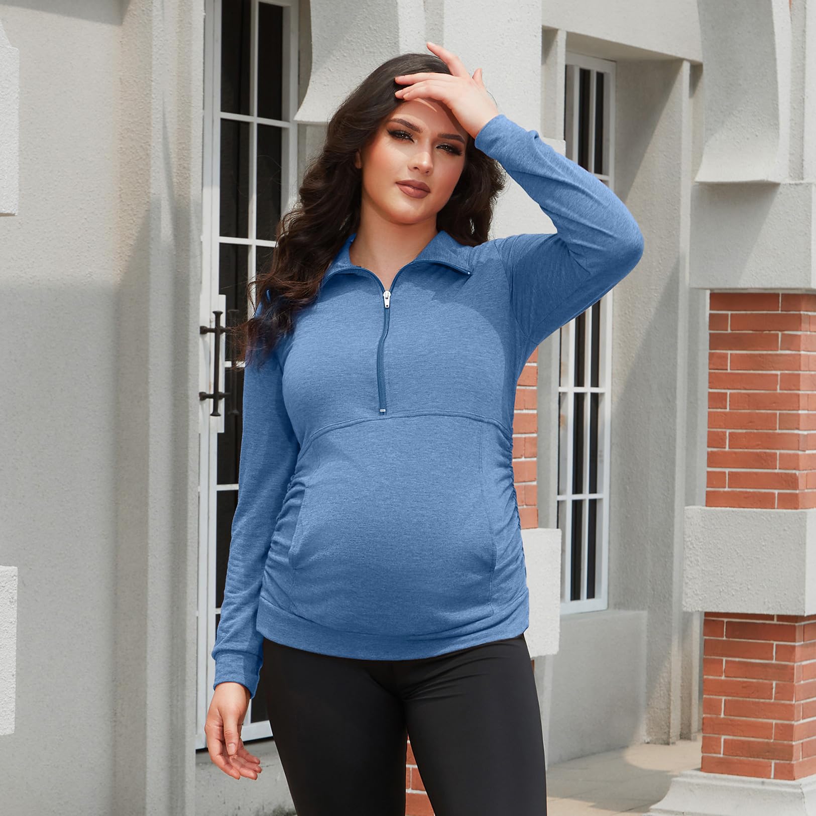 GINKANA Women's Maternity Long Sleeve Shirt Lapel Half Zip Up Sweatshirt Solid Casual Pullover Tops,Teal,XL