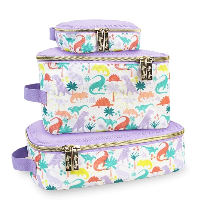 Itzy Ritzy Packing Cubes For Travel – Set of 3 Packing Cubes or Travel Organizers; Each Cube Features a Mesh Top, Double Zippers and a Fabric Handle (Purple Dinosaurs)