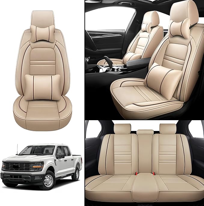 Car Seat Covers for Ford f150 2003-2025 | 5-Seats Seat Covers, Waterproof Seat Protectors, Automotive Seat Covers (Full Set with Pillow,Beige)