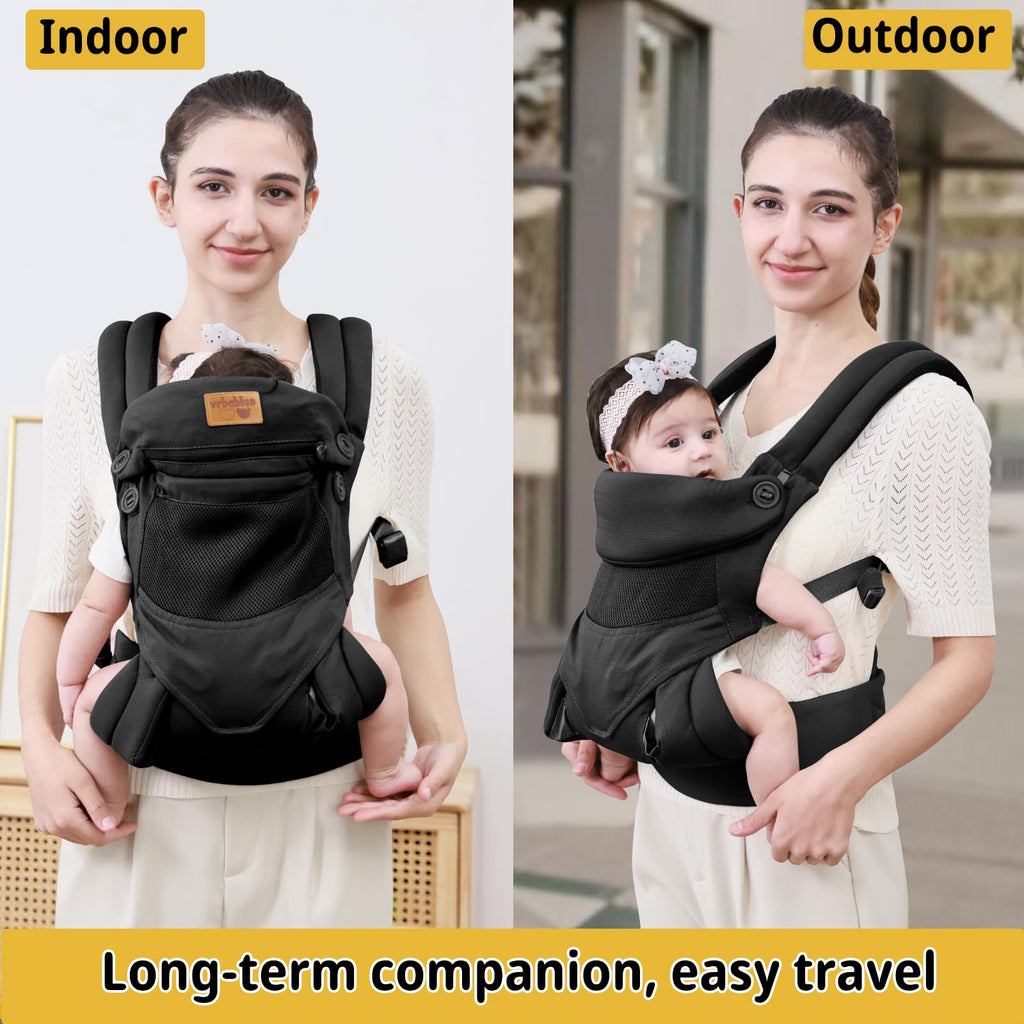 vrbabies Baby Carrier Newborn to Toddler, Ergonomic Safe Soft Breathable Infant Carrier with Adjustable Head Neck Support - Outdoor Kangaroo Front & Back Carry Baby Carriers for Baby 8-40lbs (Black)