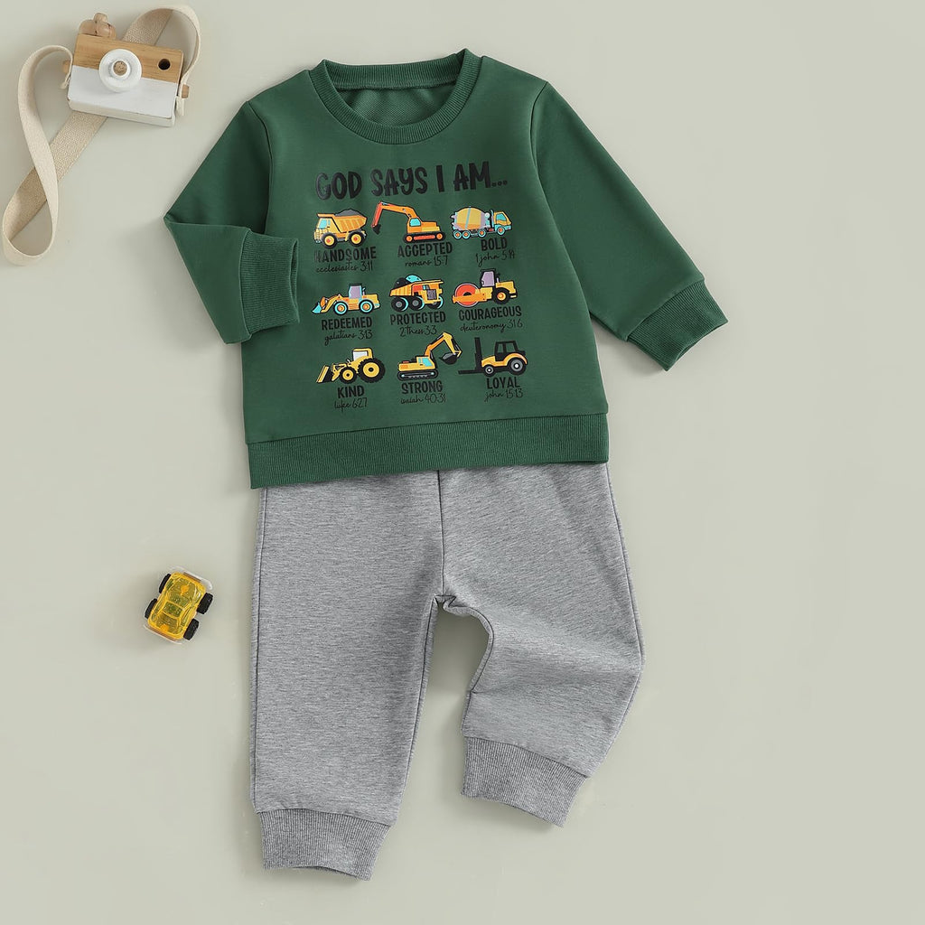 Nyapruwe Toddler Baby Boys Fall Winter Outfits Funny Print Top Pants Set (Dark green tool cars, 12-18 Months)