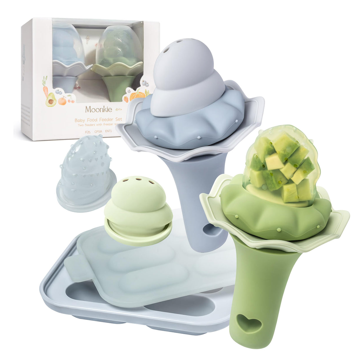 Moonkie Baby Fruit Feeder for Self-Feeding: Controlled Flow Design with 2 Pouches for Safe First Foods - BPA Free Silicone Food Feeder with Freezer Tray for Cooling Comfort - 4 Months+ - 1 Pack