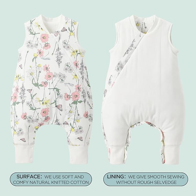 Duomiaomiao 1.5 TOG Toddler Sleep Sack 12-24 Months 101% Cotton Four Season Side Open Zipper Baby Sleep Sack with Feet, Breathable Toddler Wearable Blanket
