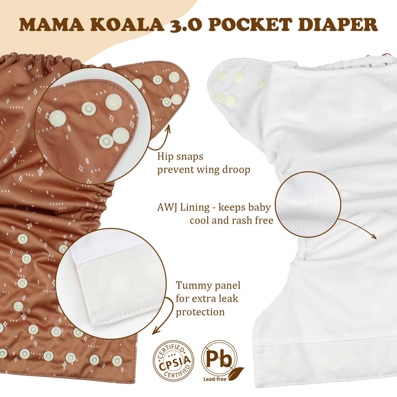 Mama Koala 3.0 Pocket Cloth Diapers for Babies with AWJ Lining, 6 Pack with 6 5-Layer Natural Cloth Diaper Inserts - Reusable and Washable Pocket Diapers(A-A Special Set)