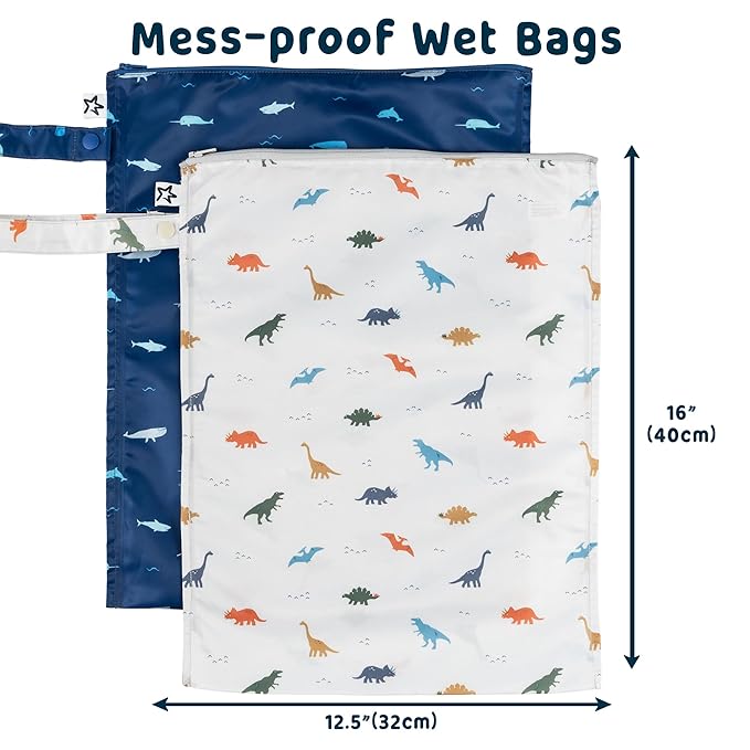Tiny Twinkle Wet Dry Bag – 2 Pack Reusable Waterproof & Mess Proof Wet Bags for Swimsuits & Travel, Baby Towels & Beach Essentials,a Diaper Bag Must-Have(Dinosaur, Ocean Life)