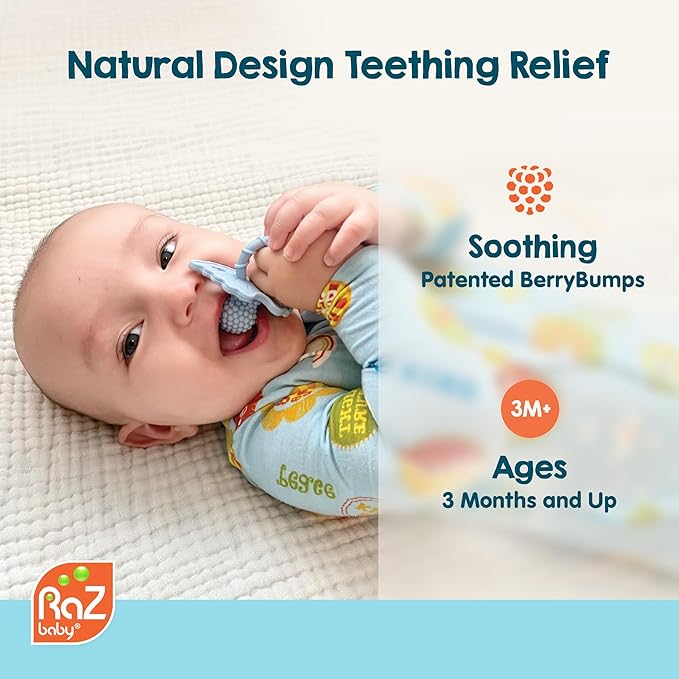 RaZbaby RaZberry Silicone Teether Pacifier – Teething Relief for Infants, Food-Grade, BPA-Free, Hands-Free Design, Natural Berrybumps Fruit Texture for Sensory Development, Freezable – Black