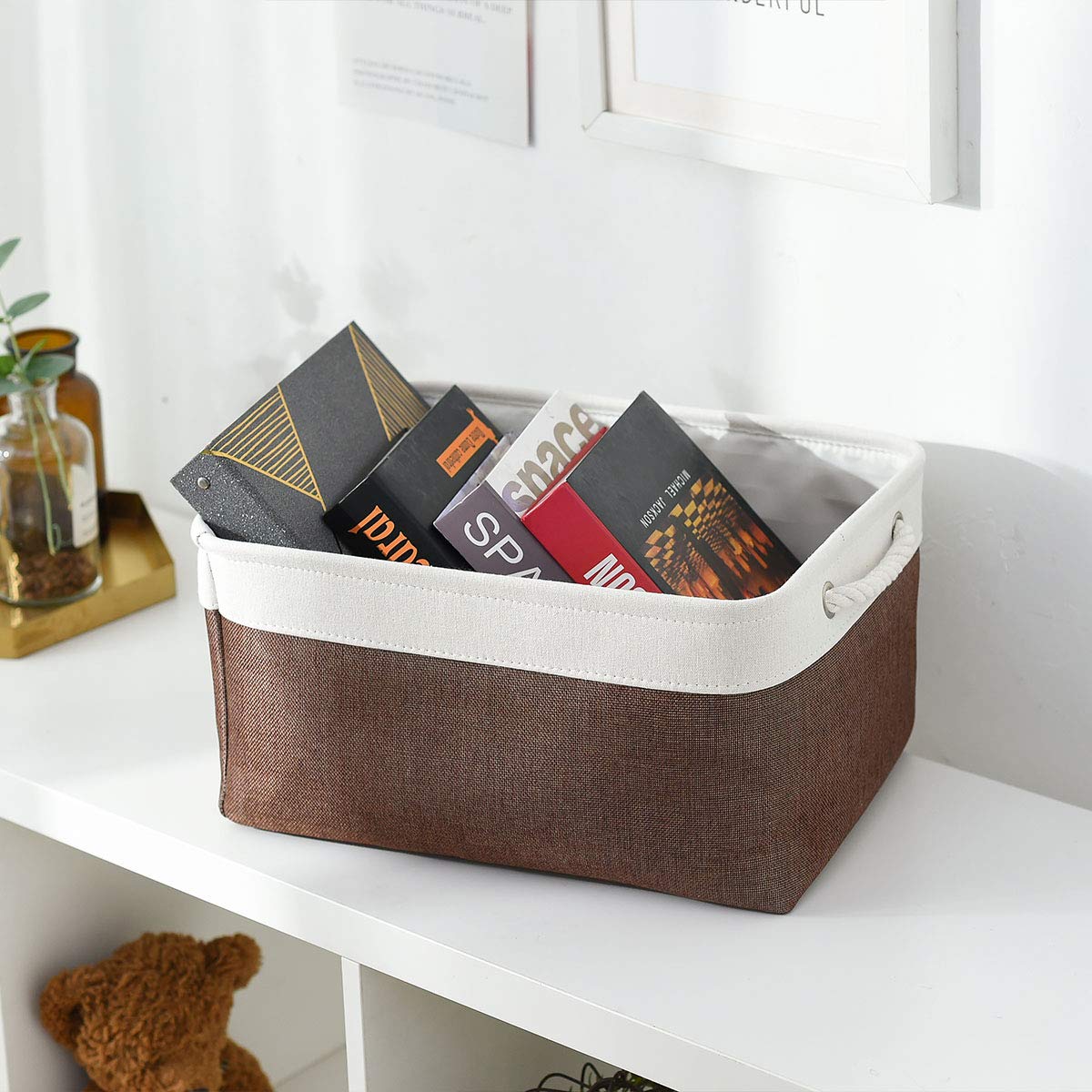 Sacyic Large Storage Baskets for Shelves, Fabric Baskets for Organizing, Collapsible Storage Bins for Closet, Nursery, Clothes, Home & Office [3-Pack, White&Brown]