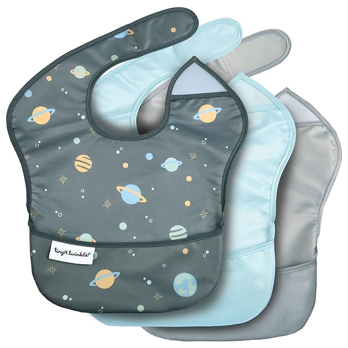 Tiny Twinkle Mess Proof Baby Bibs for Eating – Waterproof, Wipeable Toddler Bibs with Pocket – Baby Food Bibs for Girls & Boys(3 Pack, Space)