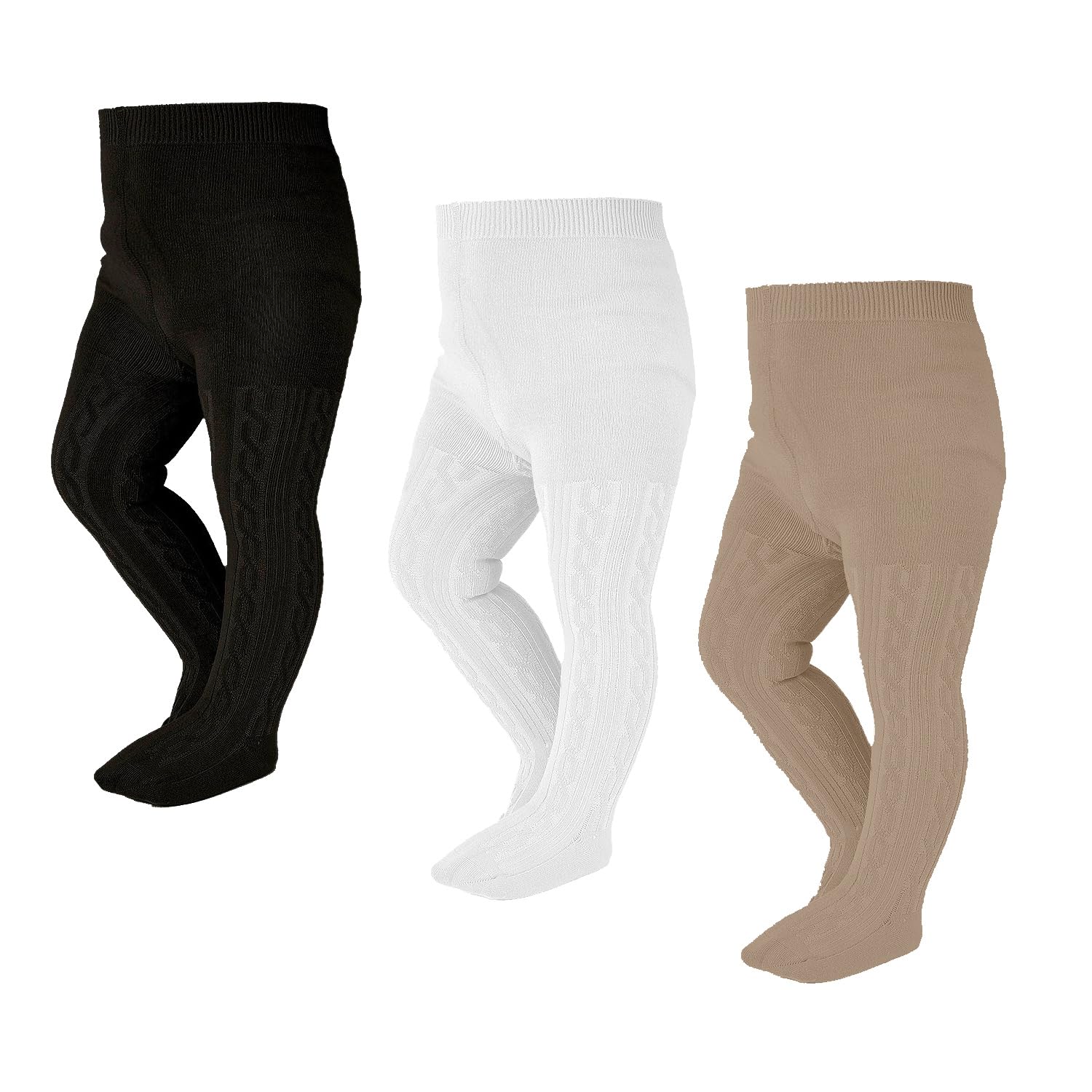 EPEIUS Baby Tights Newborn Girl Seamless Cable Knit Leggings Thick Cotton Stockings Footed Pants Pantyhose Clothes 0-3 Months 3 Pack,Black/White/Khaki,XXS