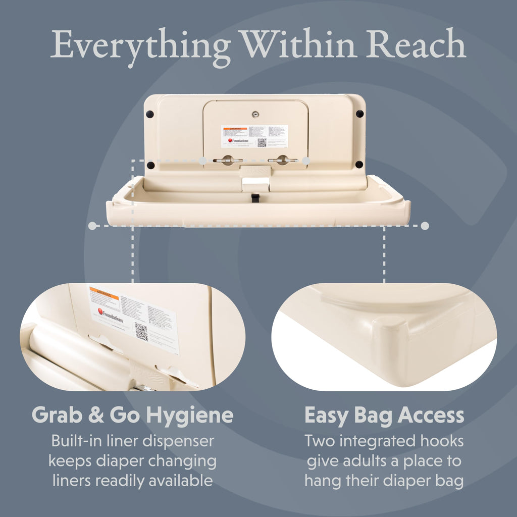 Foundations Ultra Horizontal Wall Mounted Baby Diaper Changing Station, Oversized Changing Surface, Plastic w/Heavy Duty Stainless Steel Hinge - Cream (200-EH-08)