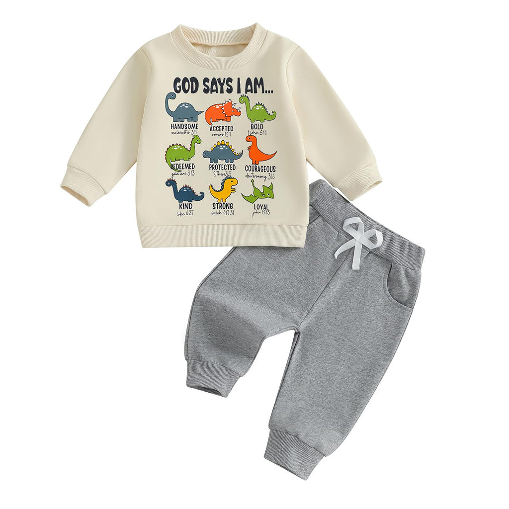 Nyapruwe Toddler Baby Boys Fall Winter Outfits Funny Print Top Pants Set (Beige g-dinosaur, 4-5T)