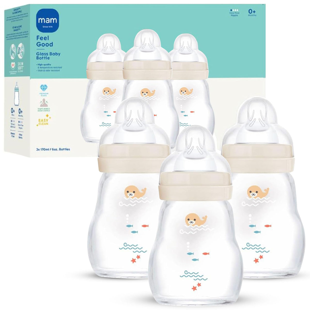 MAM 6oz Pure Glass Feel Good Anti-Colic 0+ Months Baby Bottle, 3 Pack, Girl