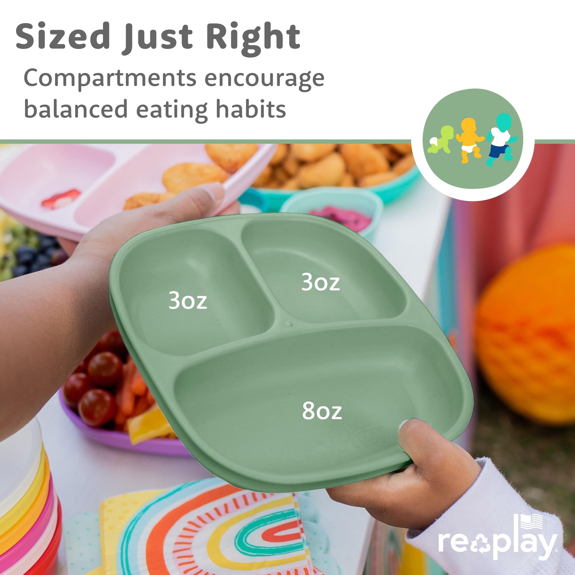 Re-Play Divided Toddler Plates Set of 3 - Deep-Walled 3 Compartment Kids Plates for Picky Eaters - Dishwasher & Microwave Safe - BPA-Free - Made in USA, Desert Roses