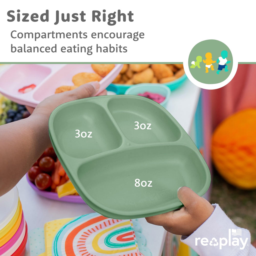 Re-Play Divided Toddler Plates Set of 3 - Deep-Walled 3 Compartment Kids Plates for Picky Eaters - Dishwasher & Microwave Safe - BPA-Free - Made in USA, Desert Roses