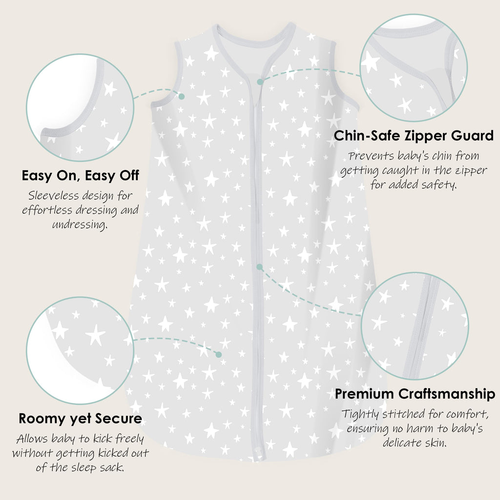 Cute Castle Baby Sleep Sack 12-18 Months - Lightweight 100% Cotton 2-Way Zipper TOG 0.5 Infant Wearable Blanket, Newborn Essentials Toddler Sleep Clothes, 3 Pack(Gray, Letters, Stars)