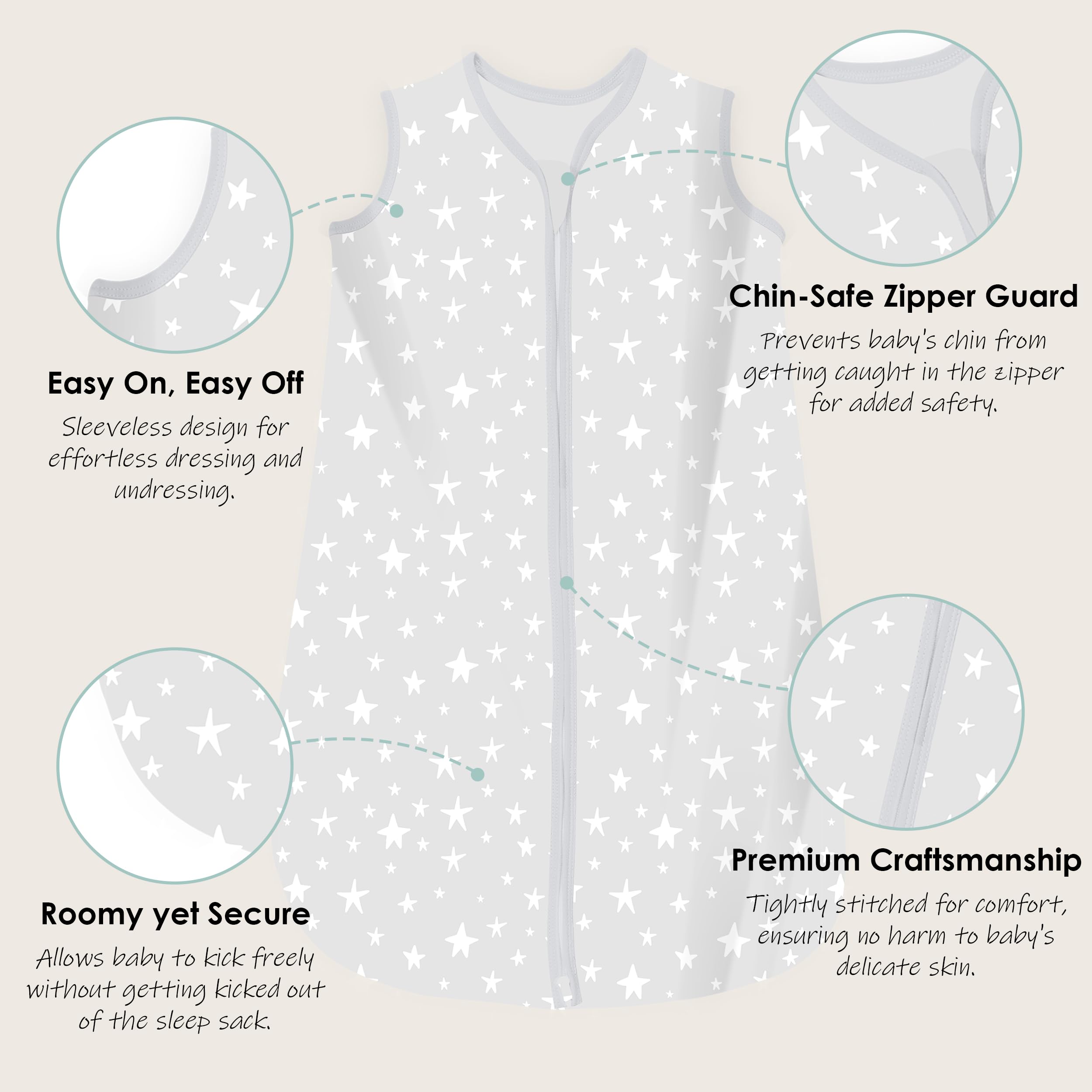 Cute Castle Baby Sleep Sack 12-18 Months - Lightweight 100% Cotton 2-Way Zipper TOG 0.5 Infant Wearable Blanket, Newborn Essentials Toddler Sleep Clothes, 3 Pack(Gray, Letters, Stars)