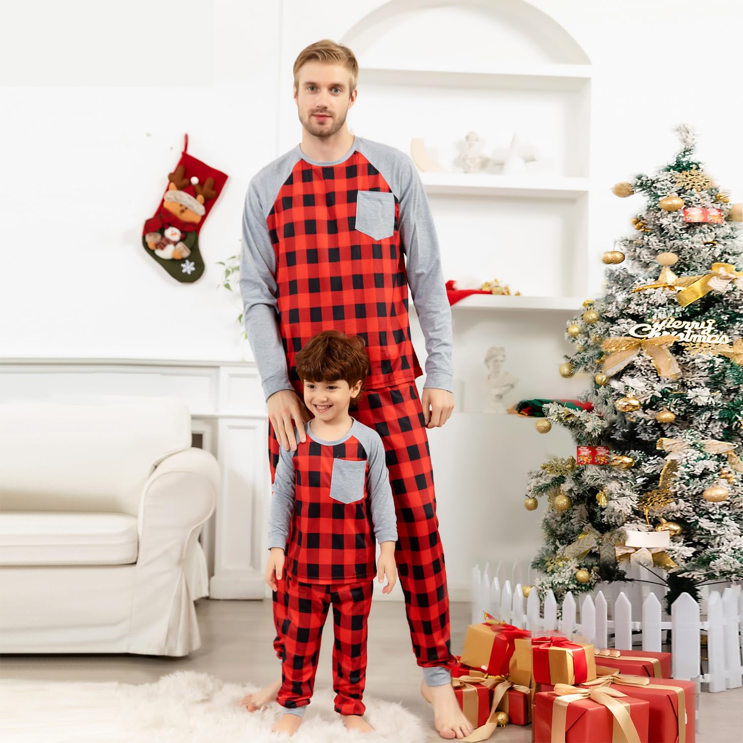 Schbbbta Kids Christmas Plaid Pajamas Set 2-Piece Family Sleepwear Pjs Set, Black Grey Plaid, 5-6 Years = Tag 130
