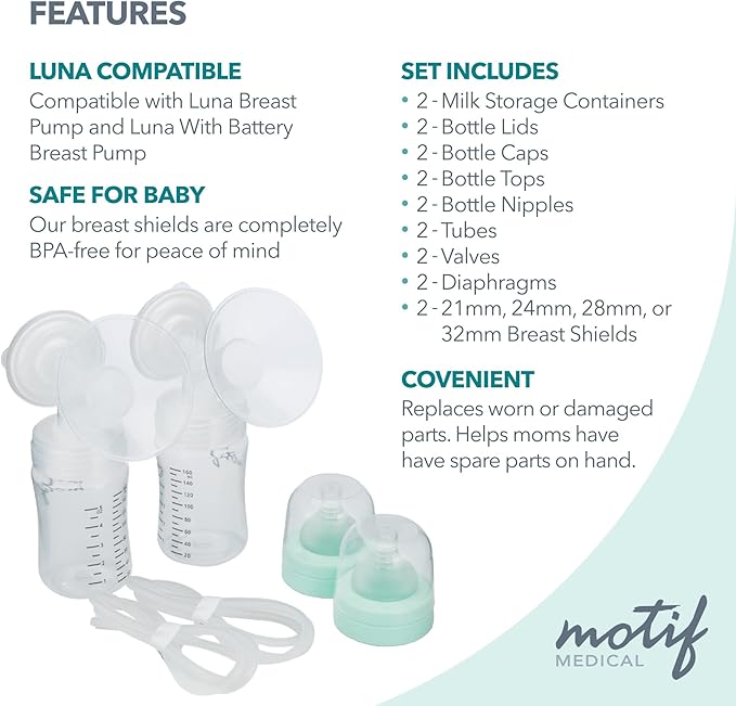 Motif Medical Luna Double Breast Pump Replacement Parts - Breast Pump Parts W/Bottles, Nipples, Tubing, Valves, Breast Shields (28mm), Diaphragms, Connectors & More - Safe Easy-to-Use Breast Pump Kit