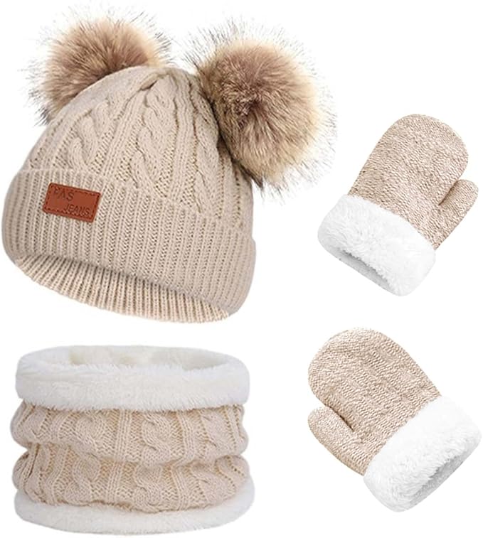 Duoyeree Baby Winter Hat Scarf Glove Beanie Set Girls Boys Pom Pom Knitted Beanie Mitten Scarves for Toddler 0-3T