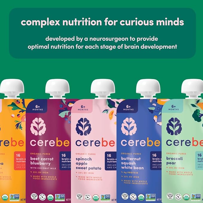 Cerebelly Organic Baby Food Pouches, White Bean Pumpkin Apple Purees, 16 Nutrients, No Added Sugar, Fiber & Non-GMO, 4oz, 12 Pack