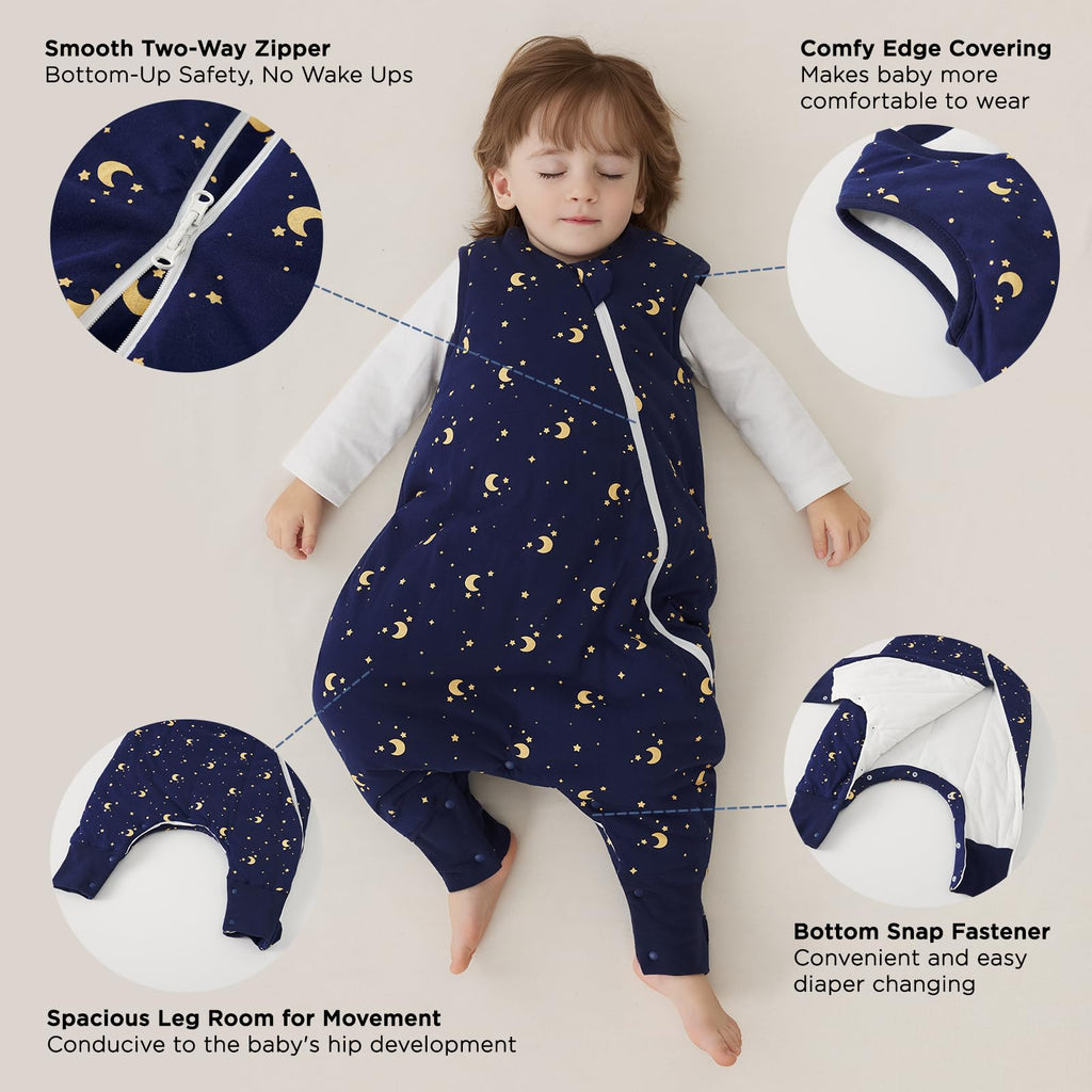 Duomiaomiao 2.5 TOG Toddler Sleep Bag 6-12 Months 100% Cotton Winter Side Open Zipper Baby Sleep Sack with Feet, Warm Toddler Wearable Blanket