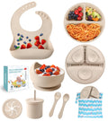 Silicone Baby Feeding Set, BPA Free Baby Dishes Set with Suction Bowl Divided Plate, Adjustable Bib, Soft Spoons and Forks, Cup, Travel Bag, BPA-free, Microwave and Dishwasher Safe, 6 month+ (Beige)