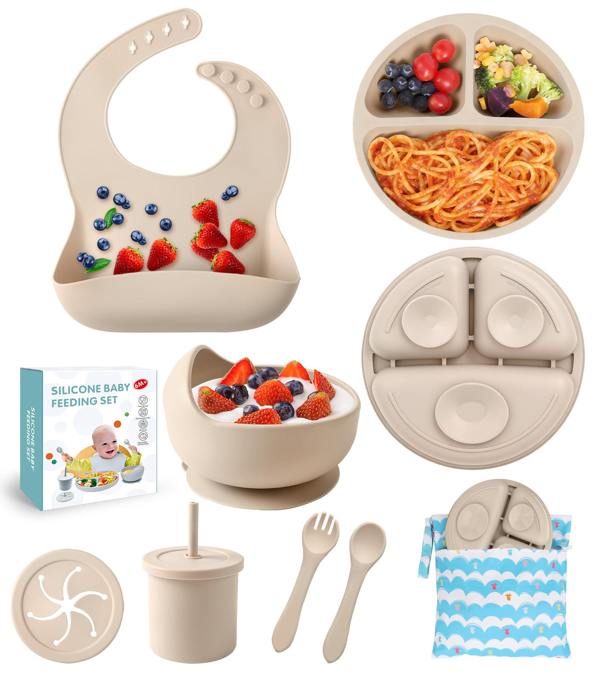 Silicone Baby Feeding Set, BPA Free Baby Dishes Set with Suction Bowl Divided Plate, Adjustable Bib, Soft Spoons and Forks, Cup, Travel Bag, BPA-free, Microwave and Dishwasher Safe, 6 month+ (Beige)