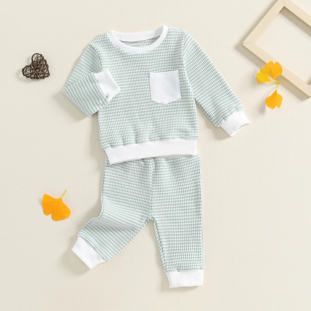 Fufuriprefer Toddler Baby Boy Fall Clothes Waffle outfit Long Sleeve Top Jogger Pant Set (White Green, 6-12 Months)