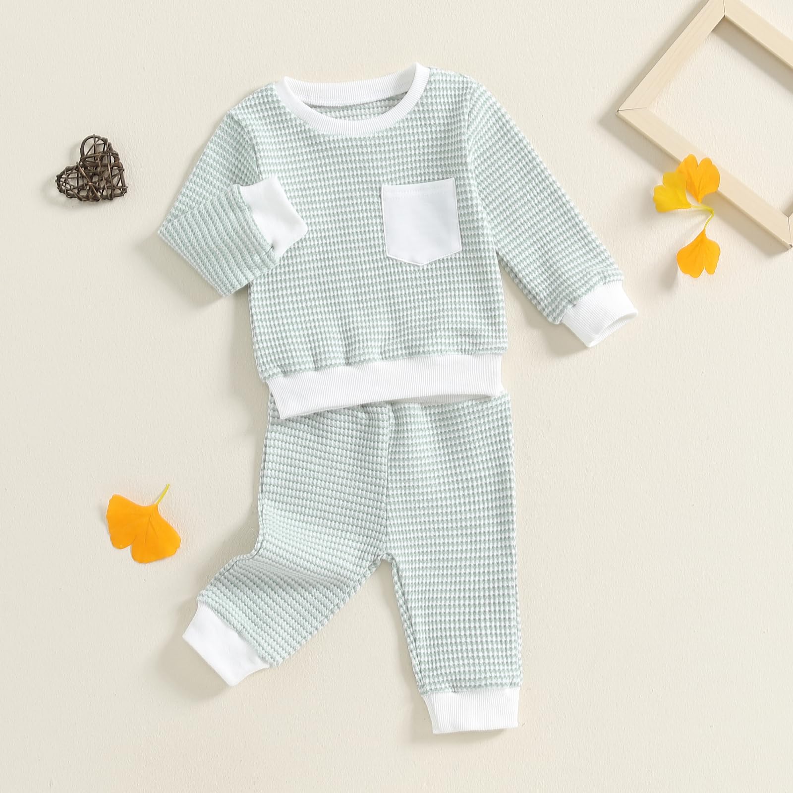 Fufuriprefer Toddler Baby Boy Fall Clothes Waffle outfit Long Sleeve Top Jogger Pant Set (White Green, 6-12 Months)