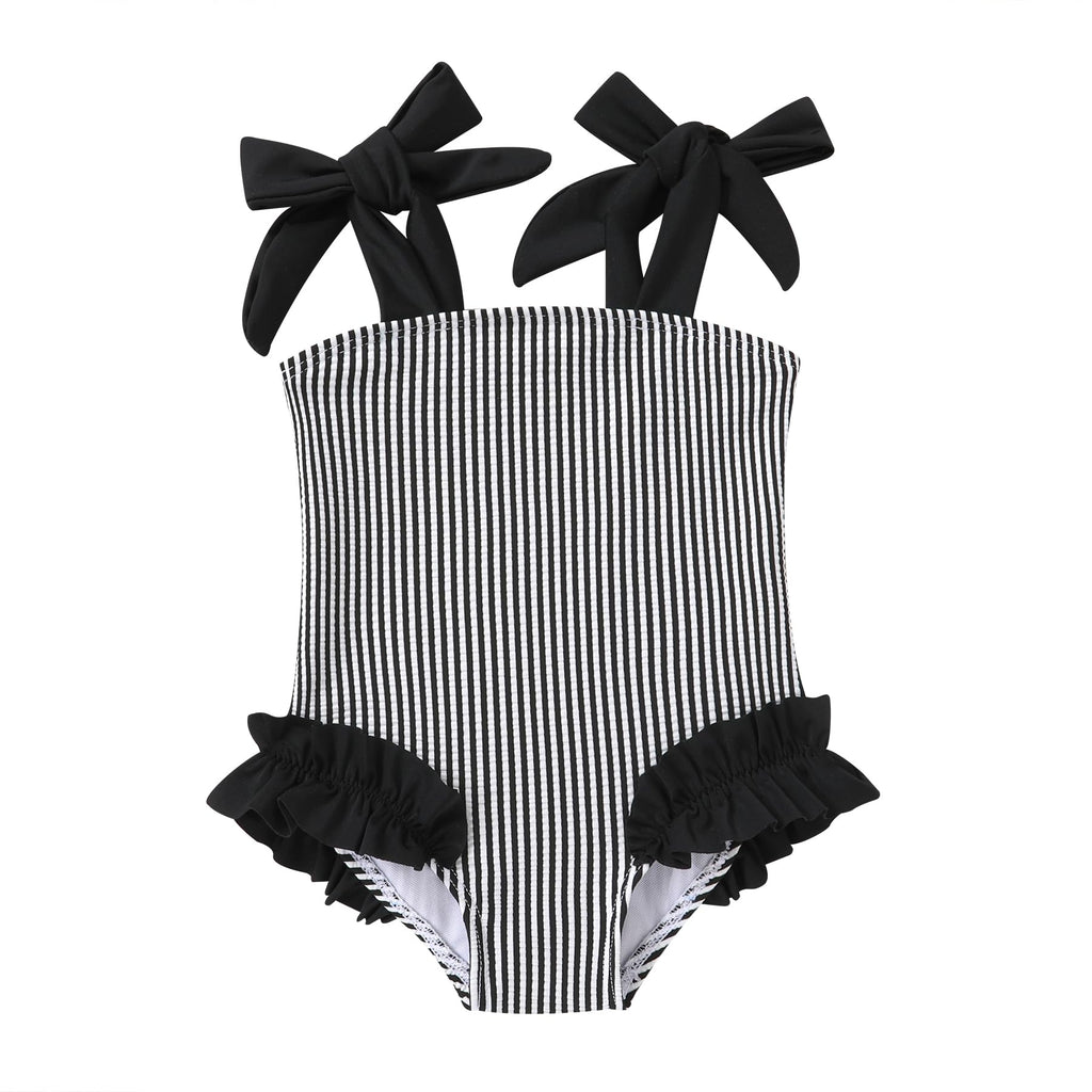 Happy Town Toddler Swimsuit Girl Solid Color Stripe One-Piece Baby Bathing Suits (Black Stripe, 4-5 Years)