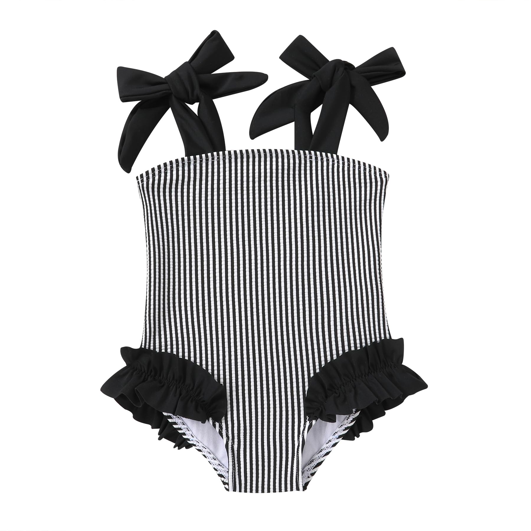 Happy Town Toddler Swimsuit Girl Solid Color Stripe One-Piece Baby Bathing Suits (Black Stripe, 3-4 Years)
