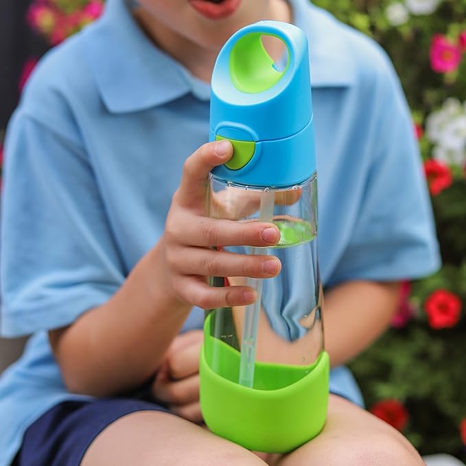 b.box Kids Water Bottle – 20oz Tritan Toddler Drink Bottle with Straw for School, Daycare, Travel w/Easy-Grip Triangular Design, Leak Proof Lid & Handle, BPA Free, Dishwasher Safe (Emerald Forest)