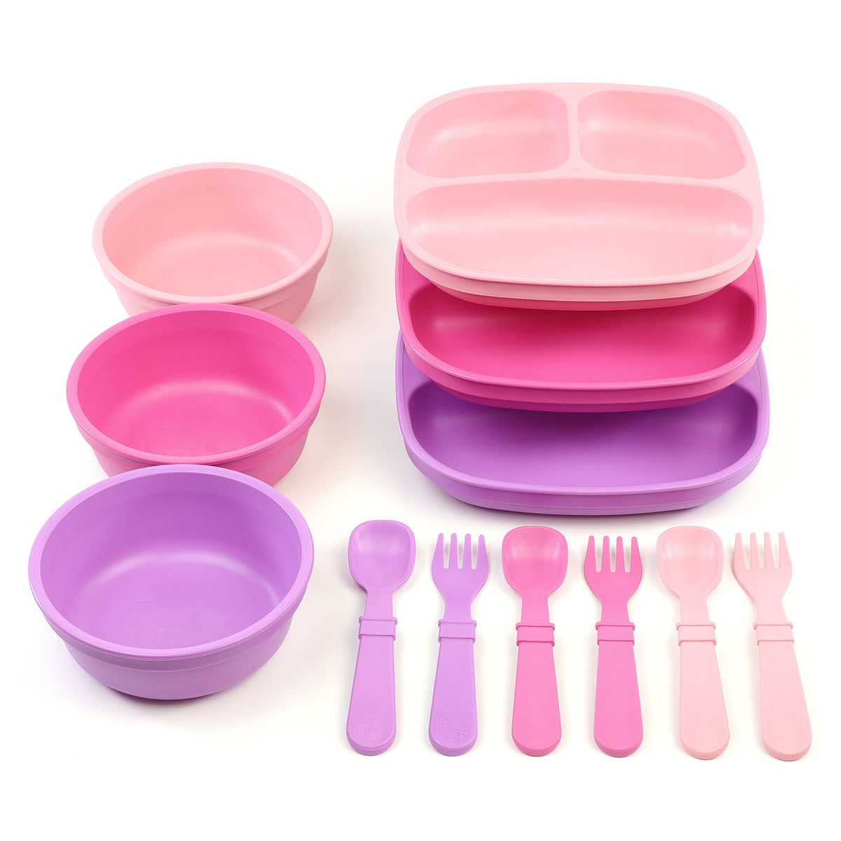 Re-Play Toddler Dinnerware Set - 3 Divided Plates, 3 Snack Bowls & 3 Fork and Spoon Sets - BPA-Free Kids Tableware - Dishwasher Safe - Made in USA from Recycled Materials, Aqua/Yellow/Lime